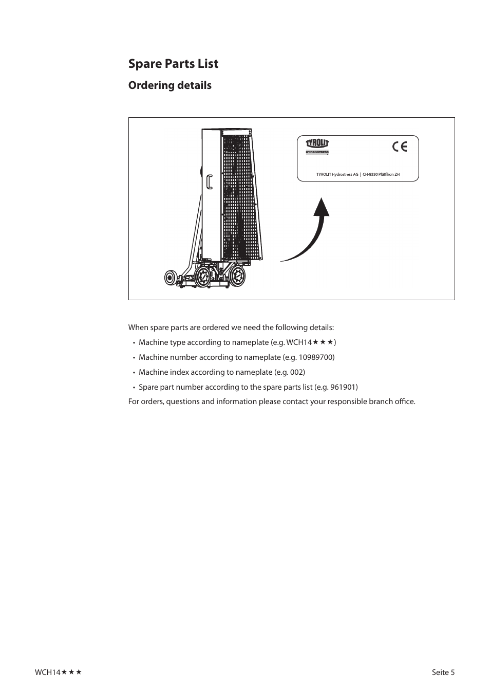 Spare parts list, Ordering details | Diamond Products WCH14 User Manual | Page 5 / 21