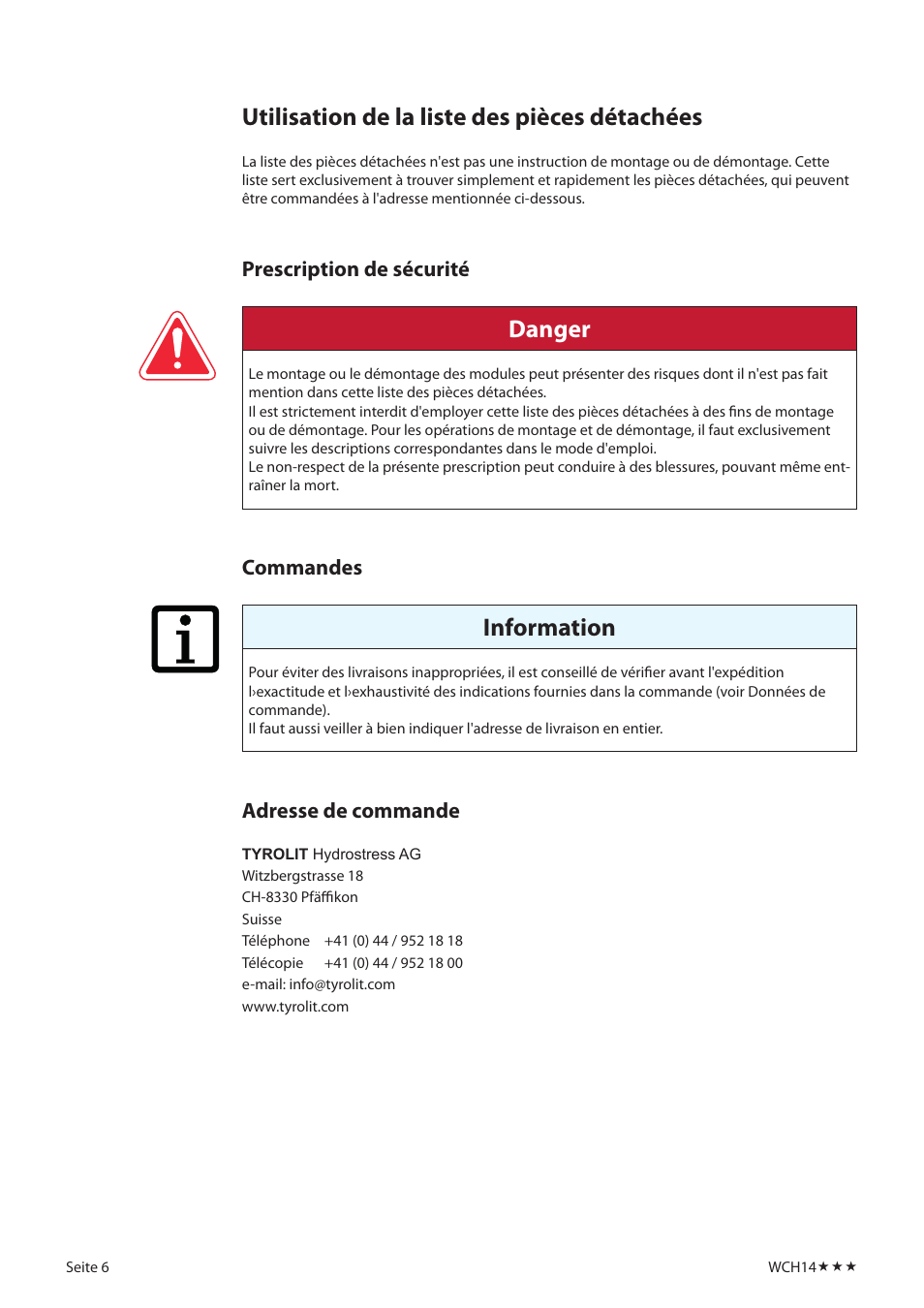 Utilisation de la liste des pièces détachées, Danger, Information | Prescription de sécurité, Commandes, Adresse de commande | Diamond Products WCH14 User Manual | Page 6 / 21