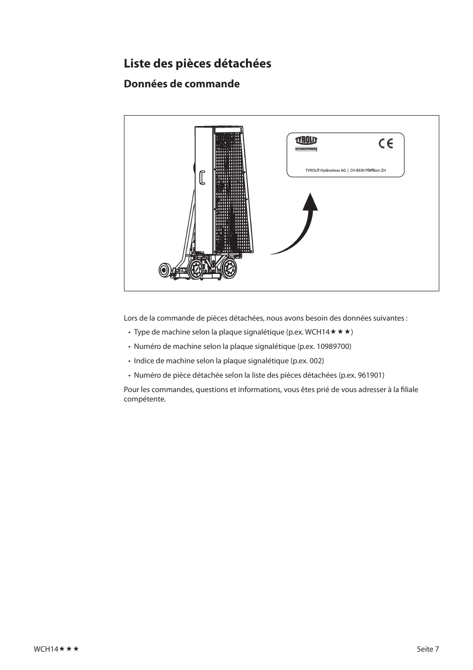 Liste des pièces détachées, Données de commande | Diamond Products WCH14 User Manual | Page 7 / 21