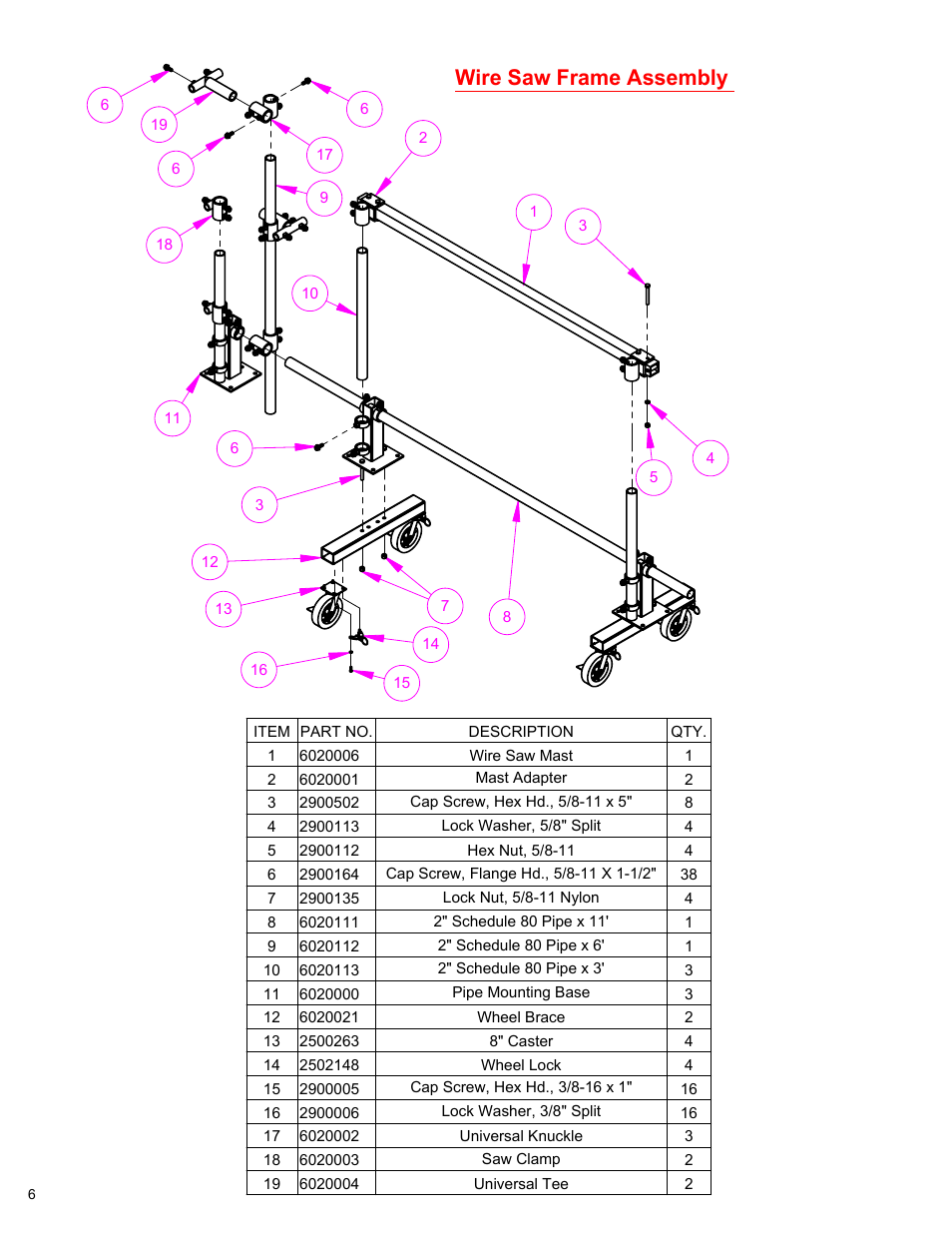 Wire saw frame assy, Frame assembly……………………………………………………………6, Wire saw frame assembly | Diamond Products WS25 User Manual | Page 6 / 12