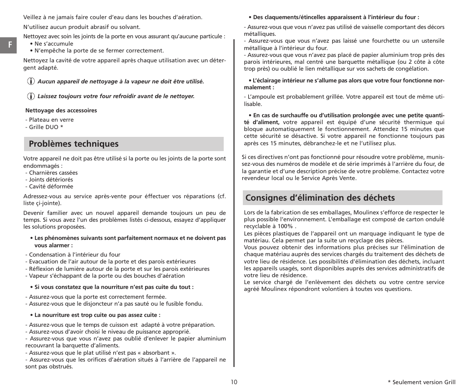 Problèmes techniques, Consignes d’élimination des déchets | Moulinex COMPACT GRILL MW221031 User Manual | Page 10 / 80