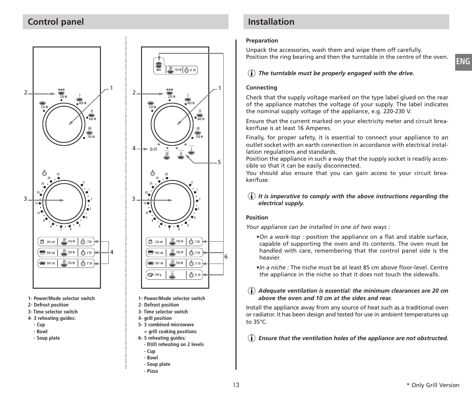 Eng control panel, Installation | Moulinex COMPACT GRILL MW221031 User Manual | Page 13 / 80