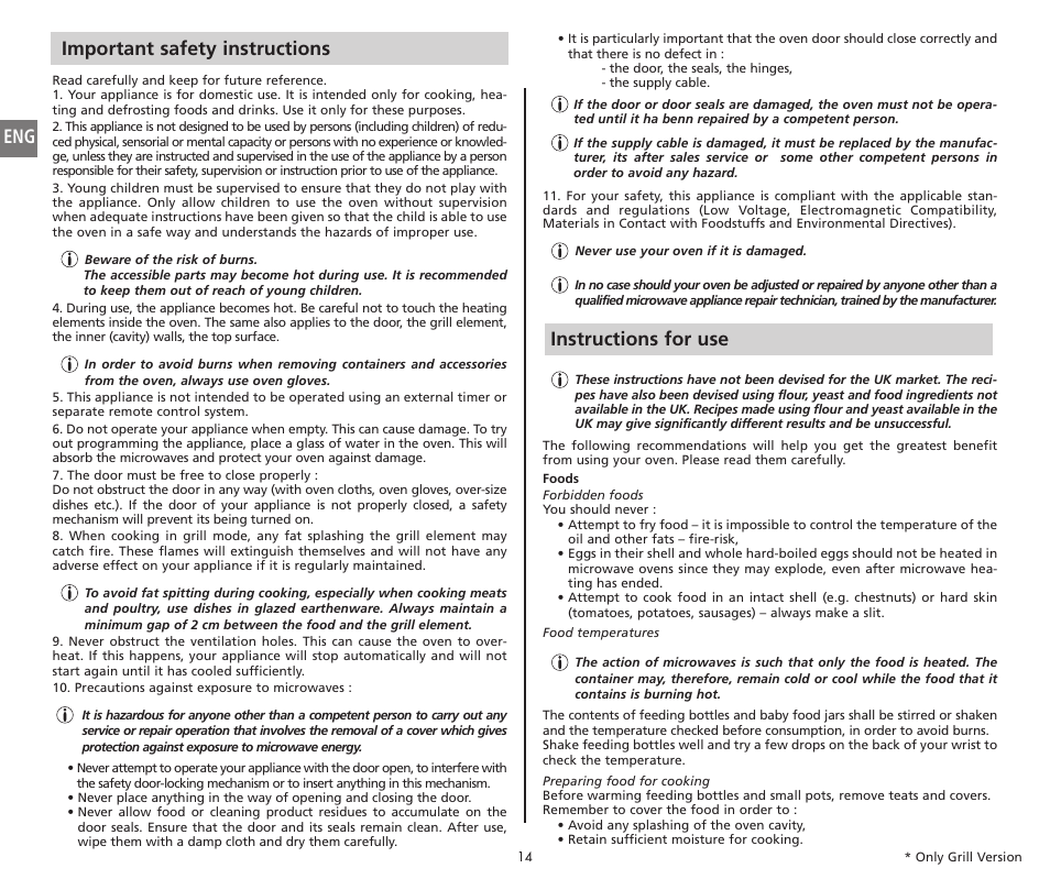 Important safety instructions, Instructions for use | Moulinex COMPACT GRILL MW221031 User Manual | Page 14 / 80