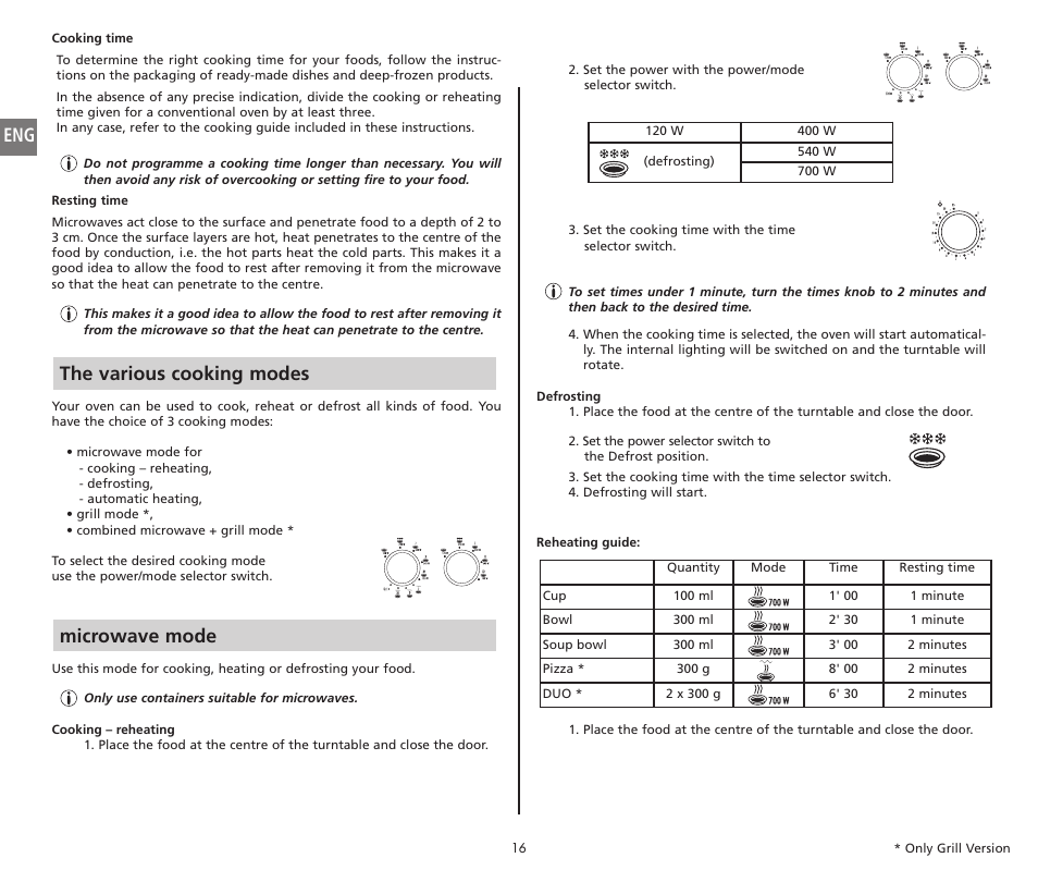 Microwave mode the various cooking modes | Moulinex COMPACT GRILL MW221031 User Manual | Page 16 / 80