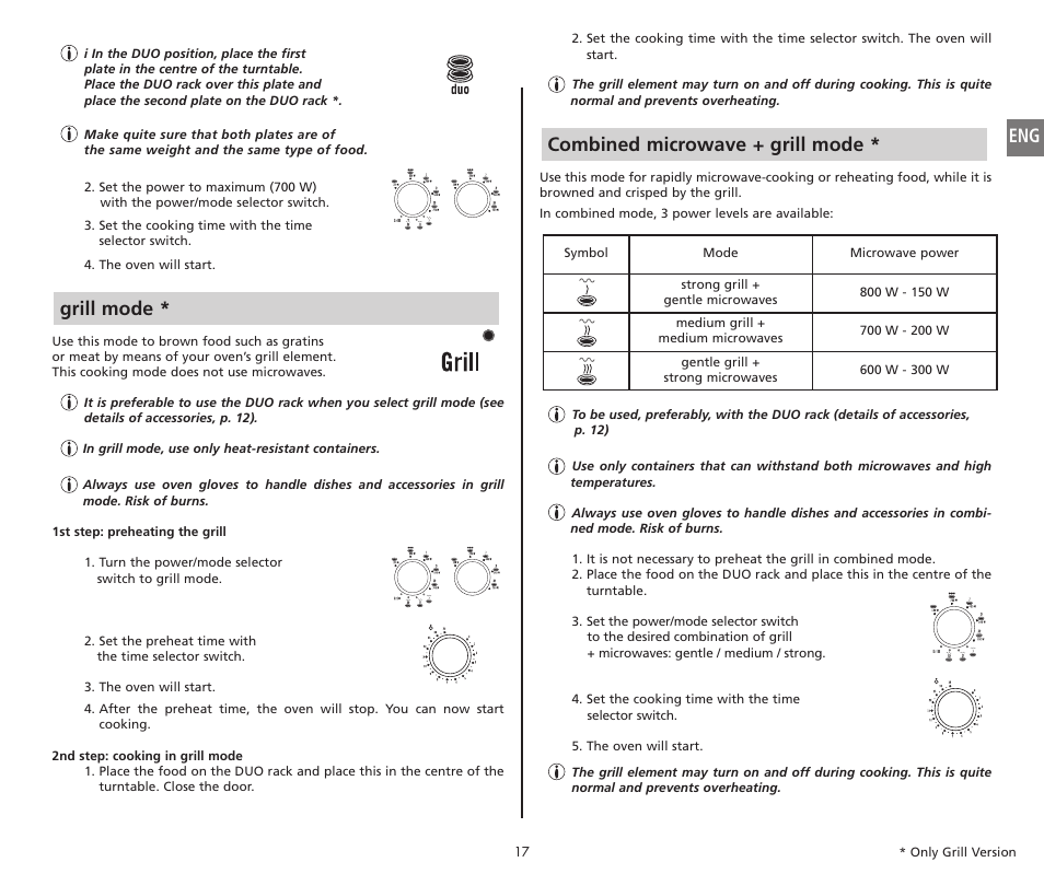 Grill mode, Combined microwave + grill mode | Moulinex COMPACT GRILL MW221031 User Manual | Page 17 / 80