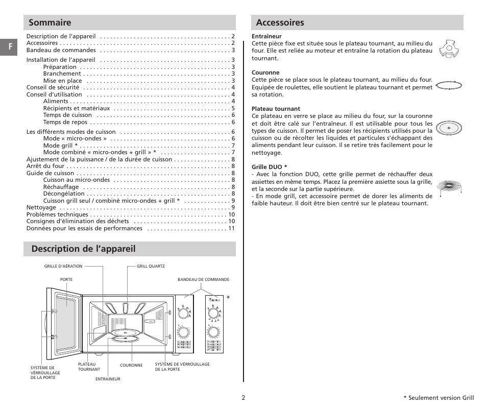 French, Sommaire, Accessoires | Description de l’appareil | Moulinex COMPACT GRILL MW221031 User Manual | Page 2 / 80