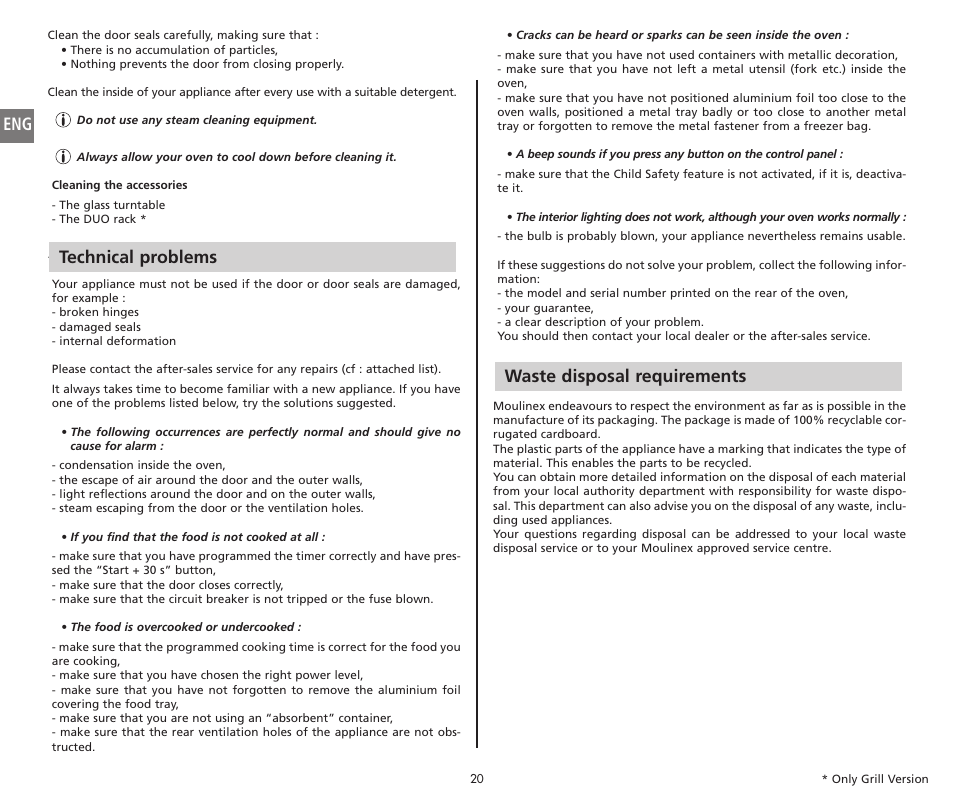 Technical problems, Waste disposal requirements | Moulinex COMPACT GRILL MW221031 User Manual | Page 20 / 80