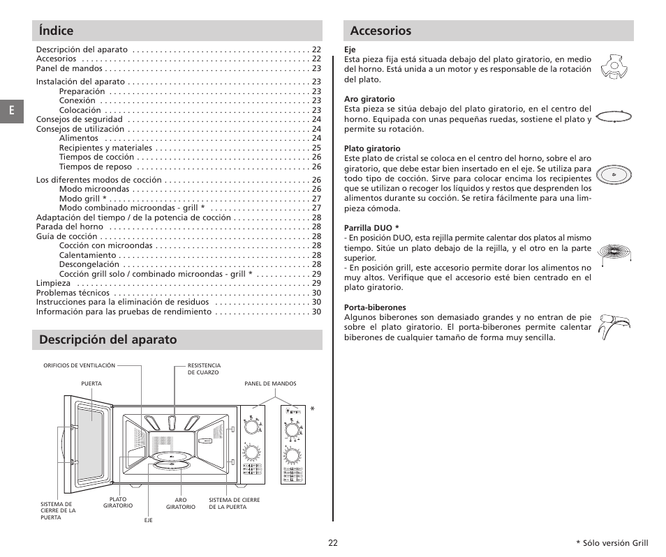 Spanish, Eíndice, Accesorios | Descripción del aparato | Moulinex COMPACT GRILL MW221031 User Manual | Page 22 / 80
