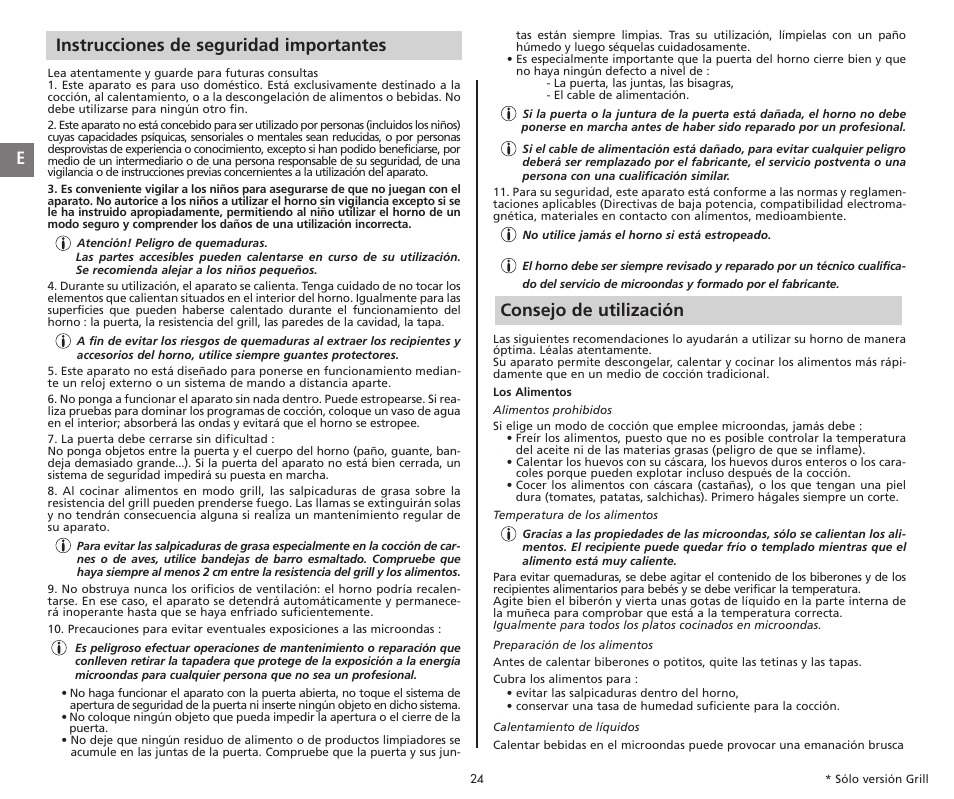 Einstrucciones de seguridad importantes, Consejo de utilización | Moulinex COMPACT GRILL MW221031 User Manual | Page 24 / 80
