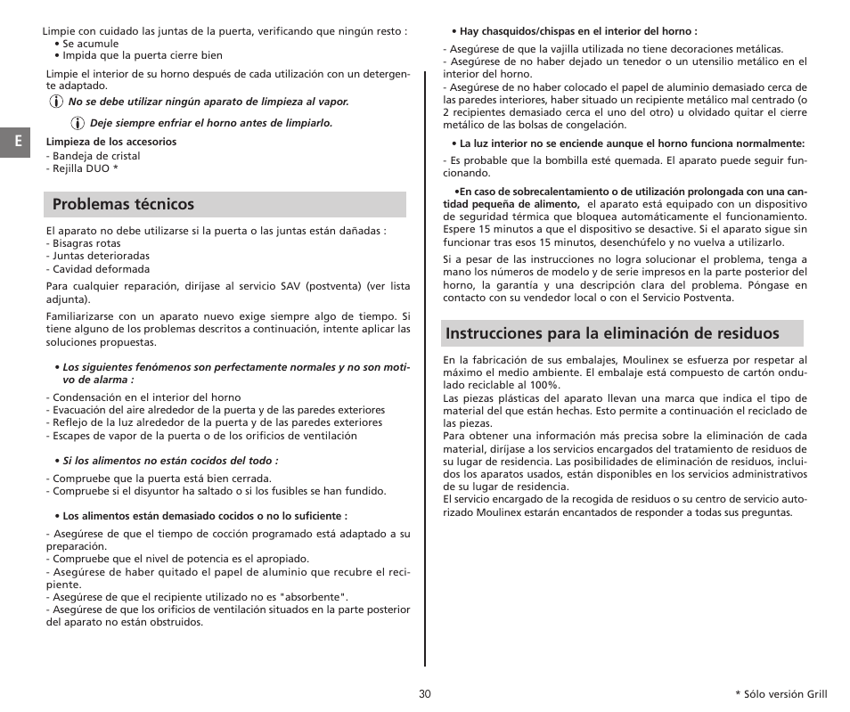 Problemas técnicos, Instrucciones para la eliminación de residuos | Moulinex COMPACT GRILL MW221031 User Manual | Page 30 / 80