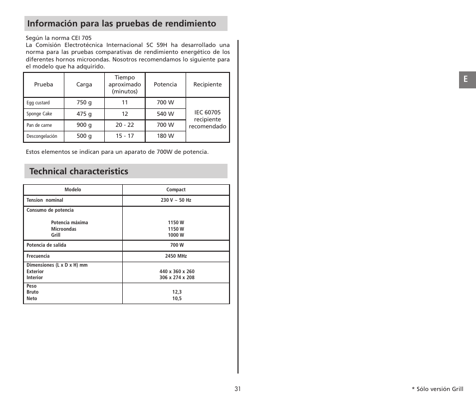 Technical characteristics, Información para las pruebas de rendimiento | Moulinex COMPACT GRILL MW221031 User Manual | Page 31 / 80