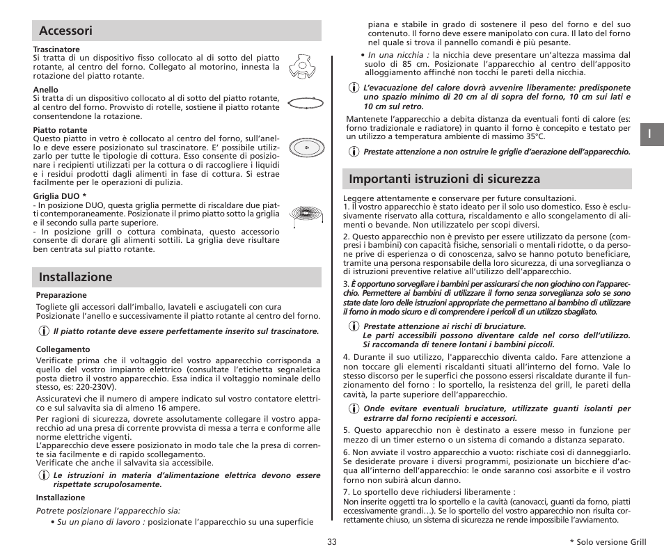Installazione importanti istruzioni di sicurezza, Accessori | Moulinex COMPACT GRILL MW221031 User Manual | Page 33 / 80