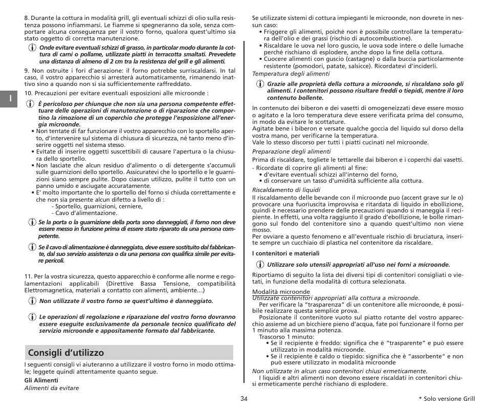 Consigli d’utilizzo i | Moulinex COMPACT GRILL MW221031 User Manual | Page 34 / 80