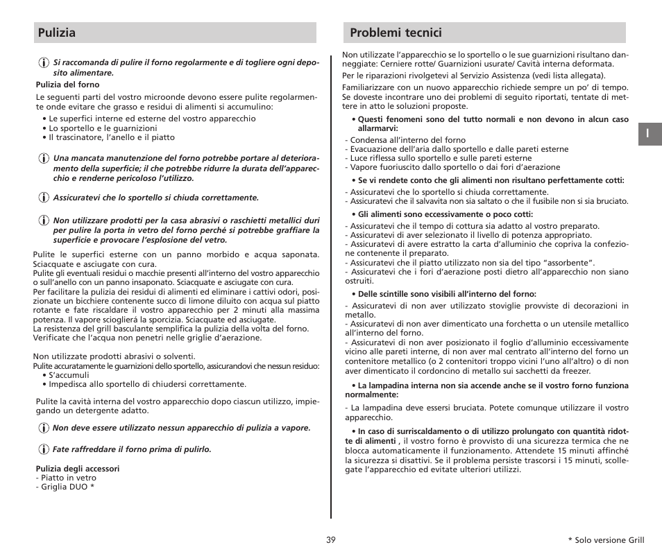 Pulizia, Problemi tecnici | Moulinex COMPACT GRILL MW221031 User Manual | Page 39 / 80