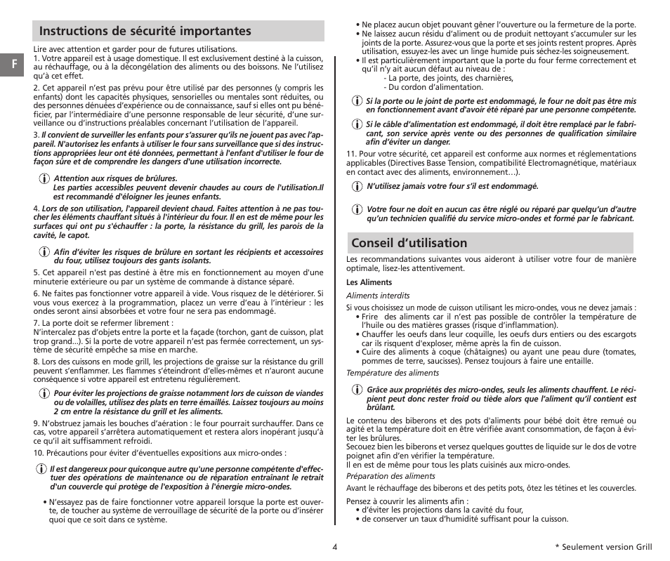 Instructions de sécurité importantes, Conseil d’utilisation f | Moulinex COMPACT GRILL MW221031 User Manual | Page 4 / 80