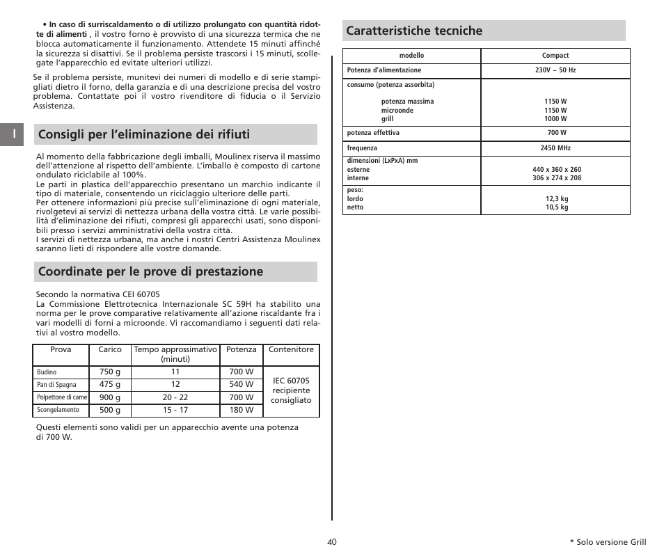 Caratteristiche tecniche | Moulinex COMPACT GRILL MW221031 User Manual | Page 40 / 80