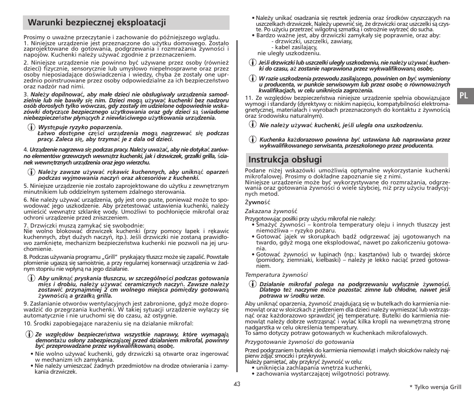 Warunki bezpiecznej eksploatacji, Instrukcja obsługi | Moulinex COMPACT GRILL MW221031 User Manual | Page 43 / 80
