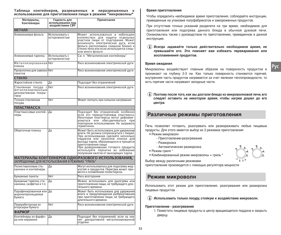 Режим микроволн различные режимы приготовления | Moulinex COMPACT GRILL MW221031 User Manual | Page 55 / 80