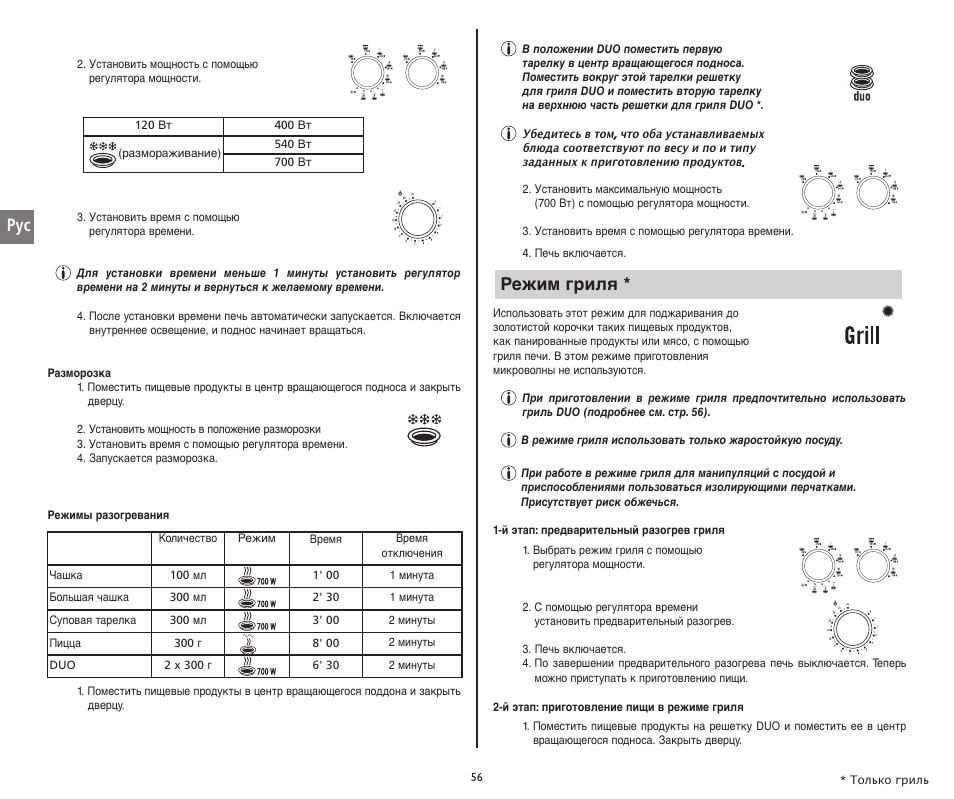 Режим гриля | Moulinex COMPACT GRILL MW221031 User Manual | Page 56 / 80