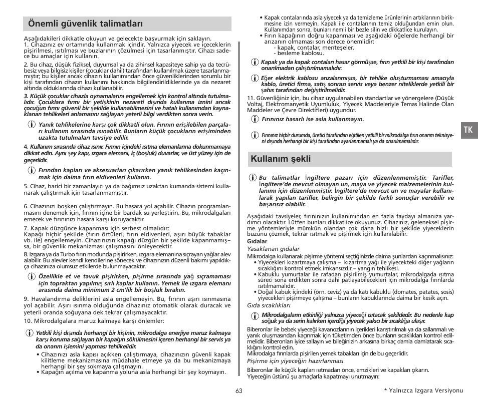 Önemli güvenlik talimatları, Kullanım şekli | Moulinex COMPACT GRILL MW221031 User Manual | Page 63 / 80