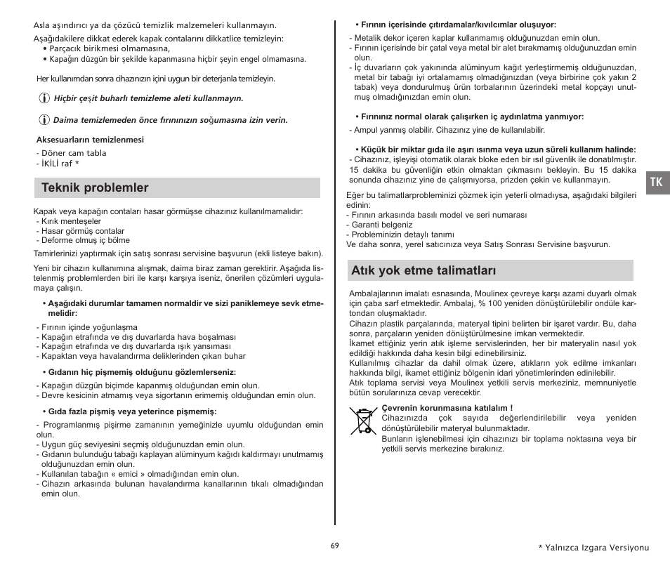 Teknik problemler, Atık yok etme talimatları | Moulinex COMPACT GRILL MW221031 User Manual | Page 69 / 80