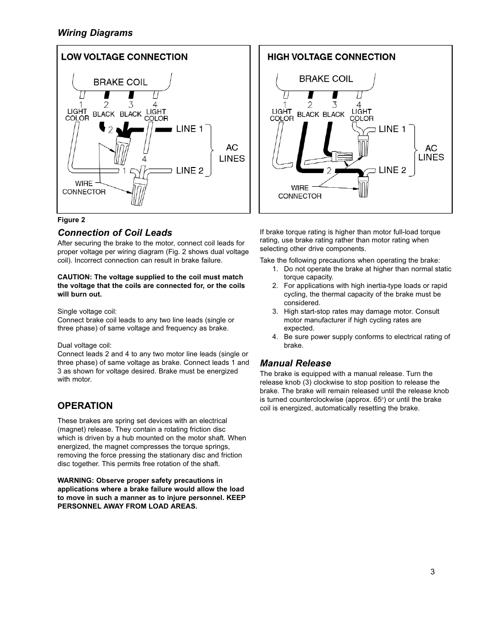 Wiring, Connection of coil leads, Operation | Manual release, Wiring diagrams | Dings Dynamics Group 60 Series End Mount NEMA 2 User Manual | Page 3 / 12