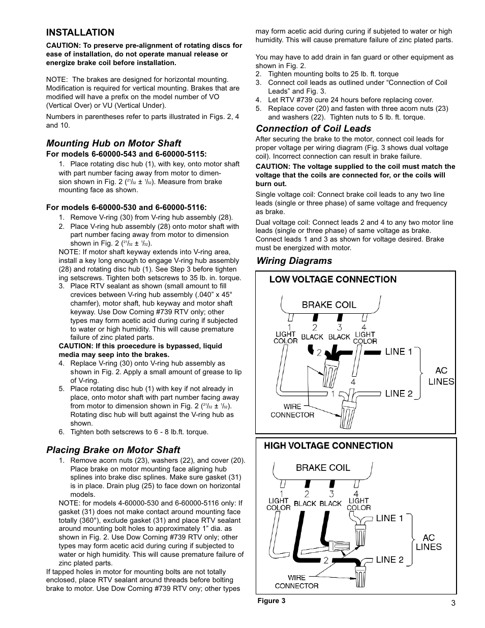Installation, Mounting hub on motor shaft, Placing brake on motor shaft | Connection of coil leads, Wiring diagrams | Dings Dynamics Group 60 Series End Mount NEMA 4X User Manual | Page 3 / 12