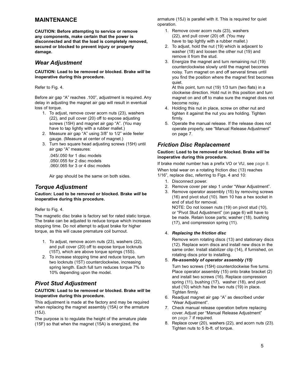 Maintenance, Wear adjustment, Torque adjustment | Pivot stud adjustment, Friction disc replacement | Dings Dynamics Group 60 Series End Mount NEMA 4X User Manual | Page 5 / 12