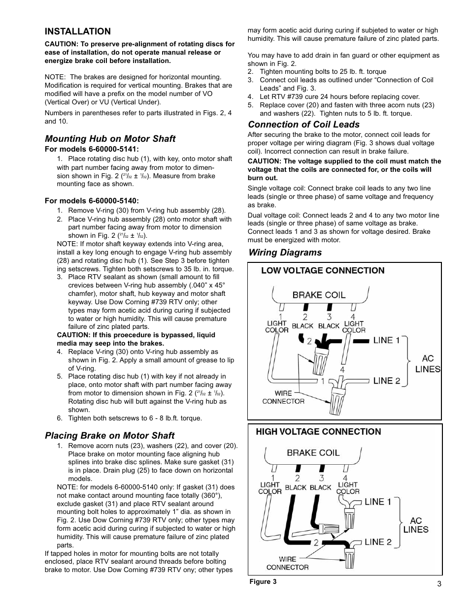Installation, Mounting hub on motor shaft, Placing brake on motor shaft | Connection of coil leads, Wiring diagrams | Dings Dynamics Group 60 Series End Mount NEMA 4X STAINLESS STEEL User Manual | Page 3 / 12