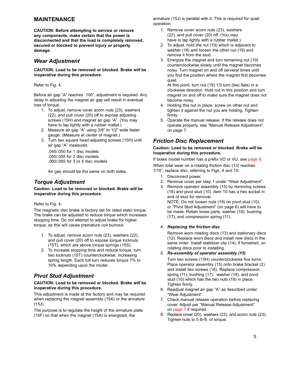 Maintenance, Wear adjustment, Torque adjustment | Pivot stud adjustment, Friction disc replacement | Dings Dynamics Group 60 Series End Mount NEMA 4X STAINLESS STEEL User Manual | Page 5 / 12