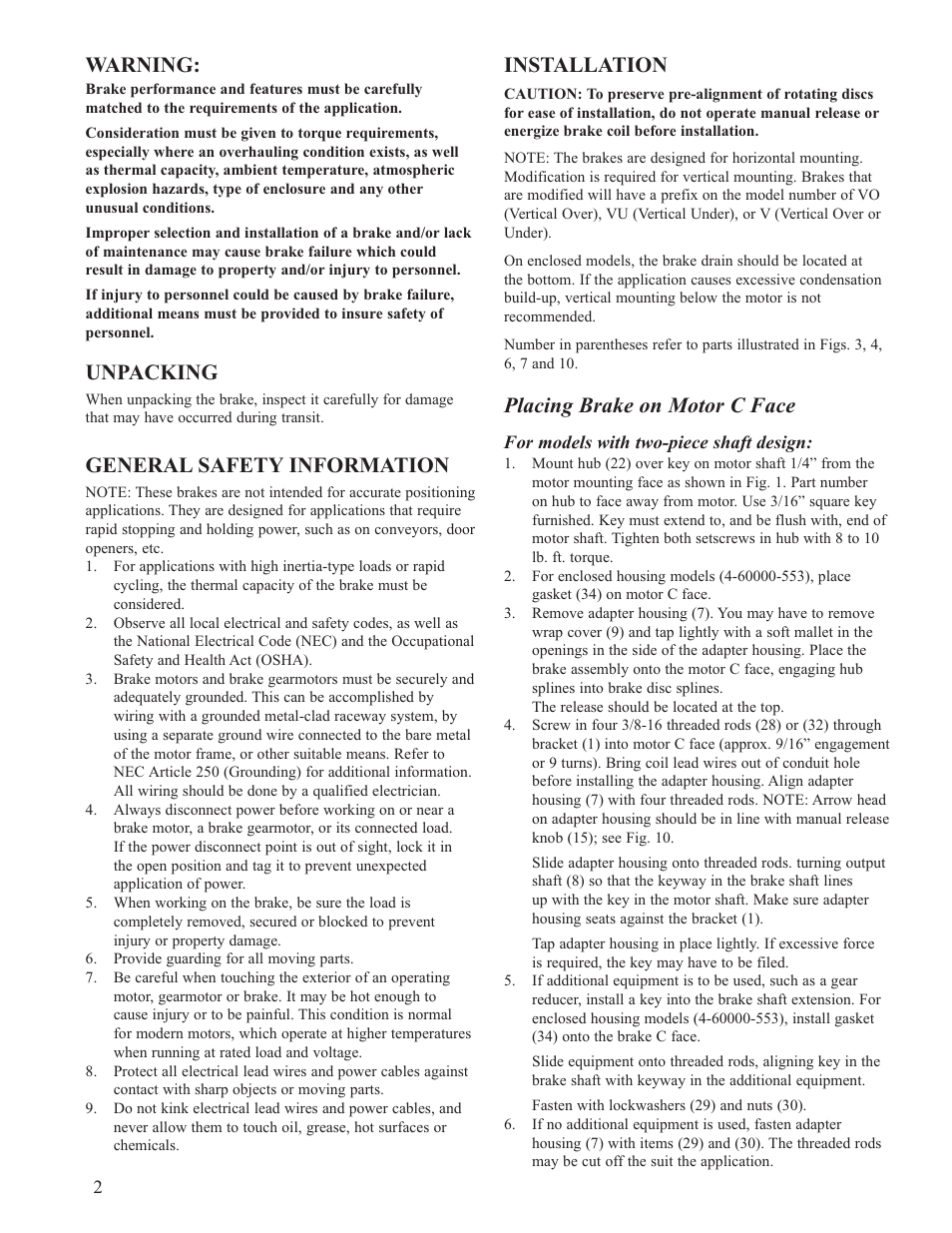 Warning, Unpacking, General safety information | Installation, Placing brake on motor c face | Dings Dynamics Group 60 Series Coupler NEMA 2 User Manual | Page 2 / 12