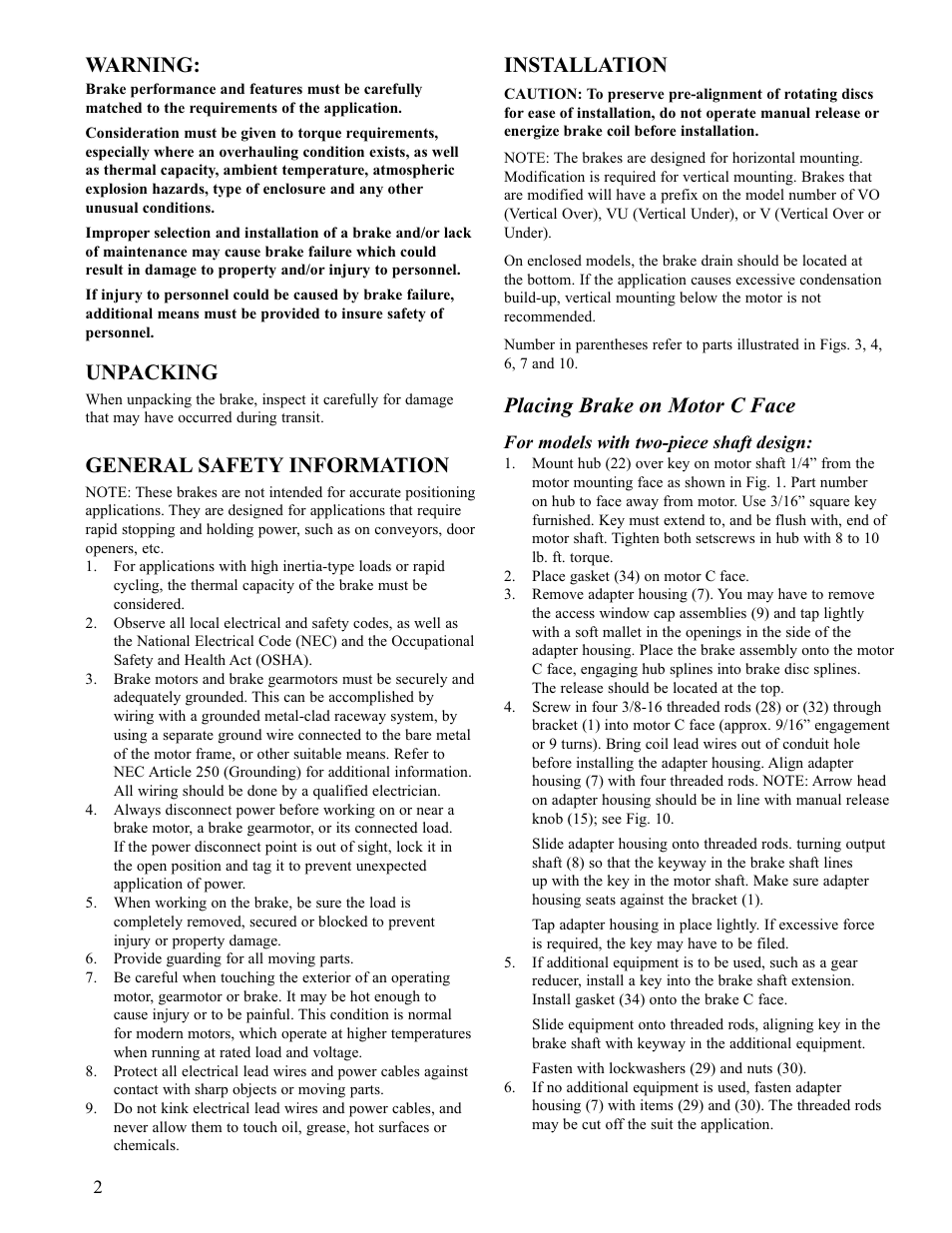 Warning, Unpacking, General safety information | Installation, Placing brake on motor c face | Dings Dynamics Group 60 Series Coupler NEMA 4 User Manual | Page 2 / 12