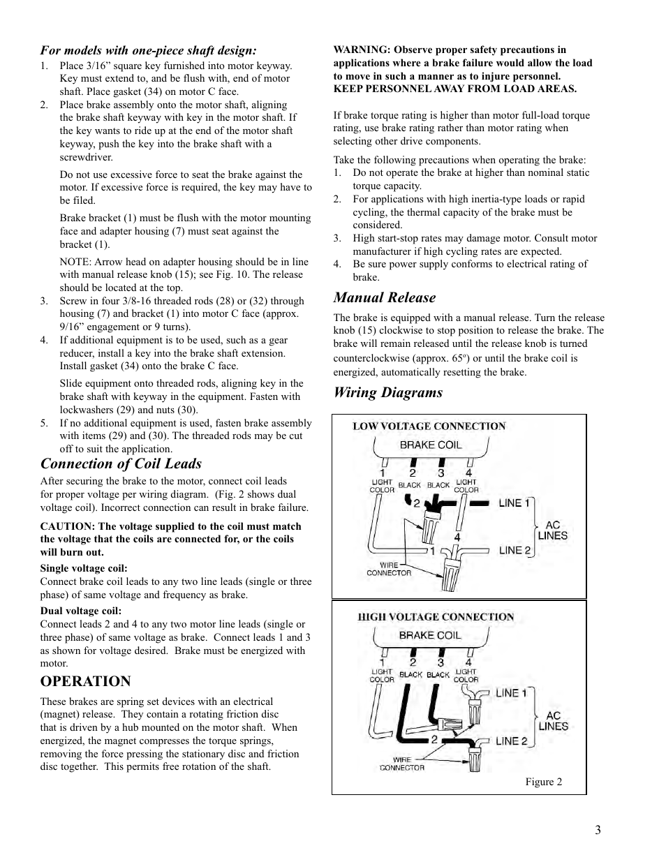 Connection of coil leads, Operation, Manual release | Wiring diagrams | Dings Dynamics Group 60 Series Coupler NEMA 4 User Manual | Page 3 / 12