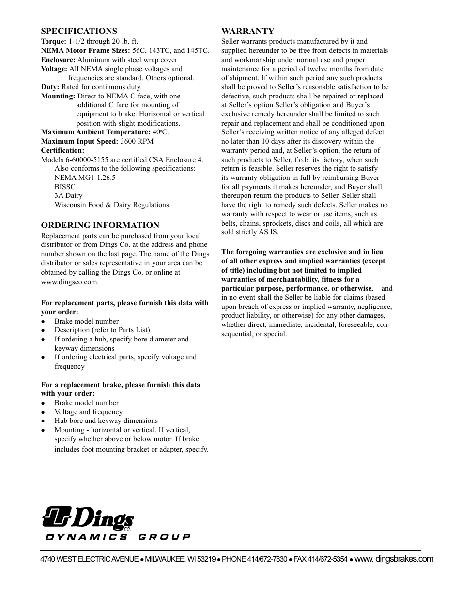 Dings Dynamics Group 60 Series Coupler NEMA 4X User Manual | Page 12 / 12