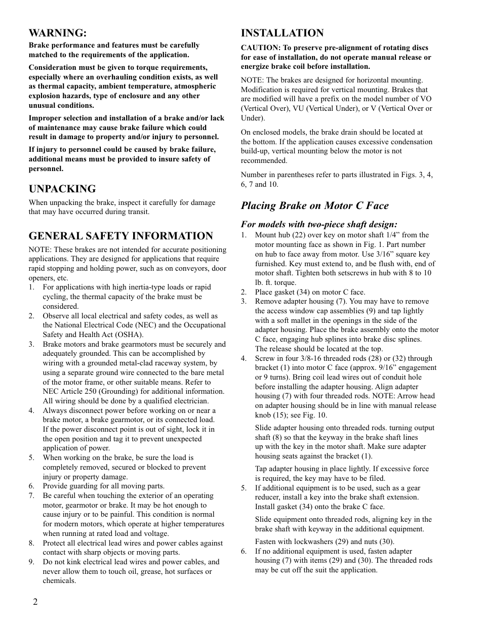 Warning, Unpacking, General safety information | Installation, Placing brake on motor c face | Dings Dynamics Group 60 Series Coupler NEMA 4X User Manual | Page 2 / 12