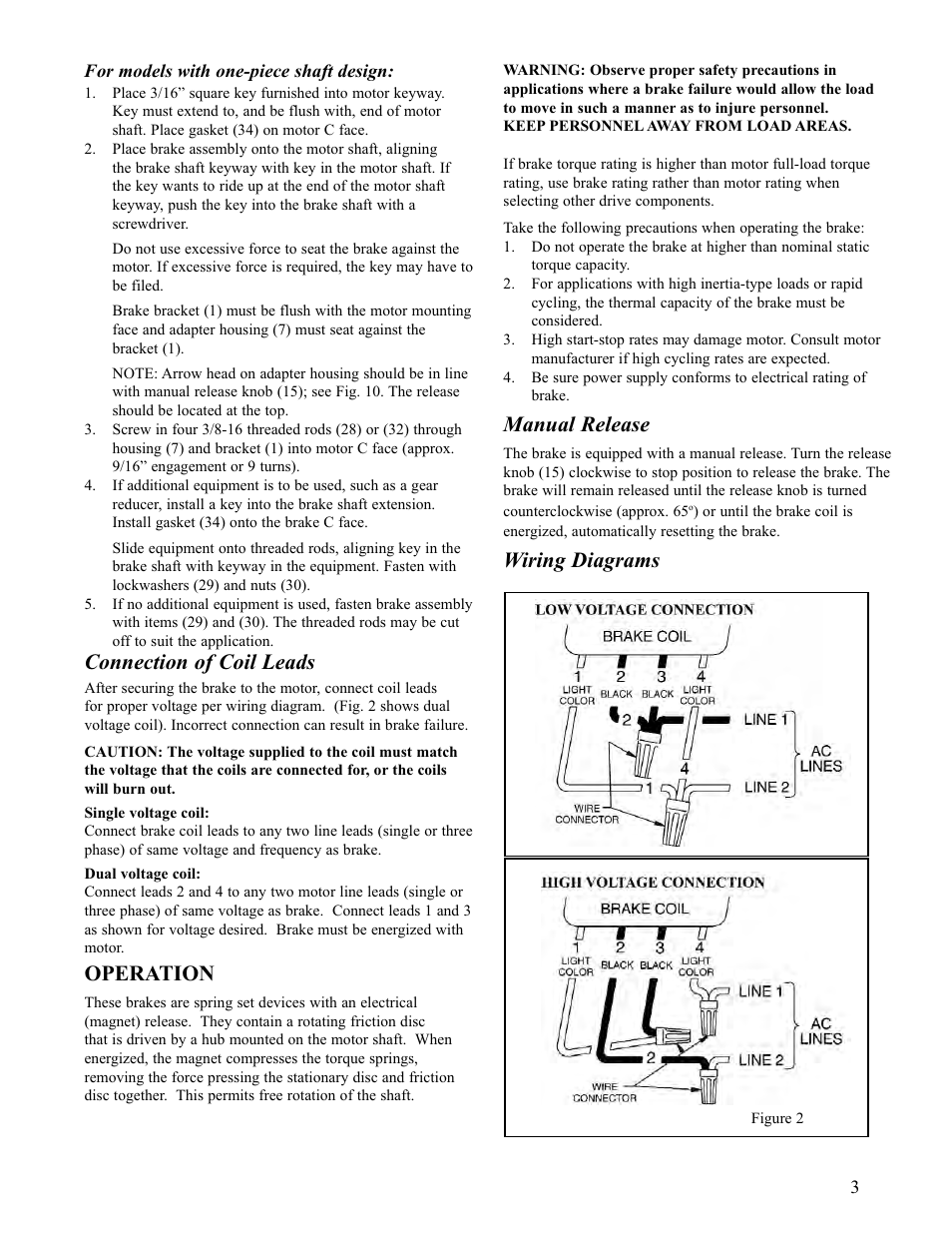 Connection of coil leads, Operation, Manual release | Wiring diagrams | Dings Dynamics Group 60 Series Coupler NEMA 4X User Manual | Page 3 / 12