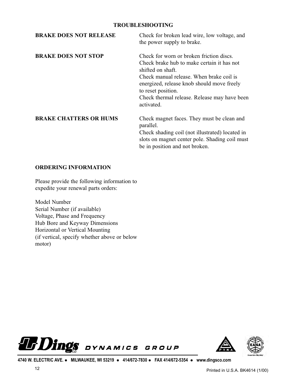 Troubleshooting | Dings Dynamics Group 60 Series Hazardous Location User Manual | Page 12 / 12