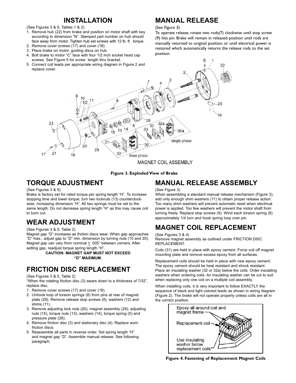 Installation, Manual release, Torque adjustment | Wear adjustment, Friction disc replacement, Manual release assembly, Magnet coil replacement | Dings Dynamics Group 70 Series End Mount NEMA 2 Standard User Manual | Page 2 / 4