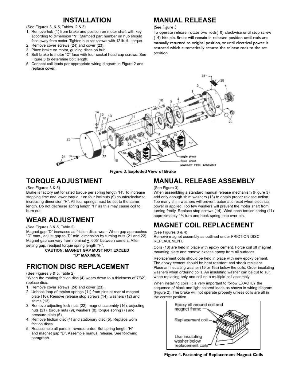 Installation, Manual release, Torque adjustment | Wear adjustment, Friction disc replacement, Manual release assembly, Magnet coil replacement | Dings Dynamics Group 70 Series End Mount NEMA 2 HEAVY DUTY User Manual | Page 2 / 4