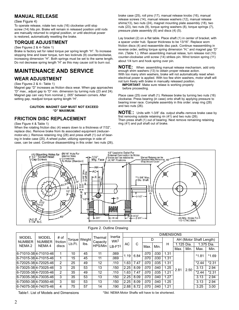 Maintenance and service, Manual release, Torque adjustment | Wear adjustment, Friction disc replacement | Dings Dynamics Group 70 Series Coupler NEMA 4 User Manual | Page 2 / 4