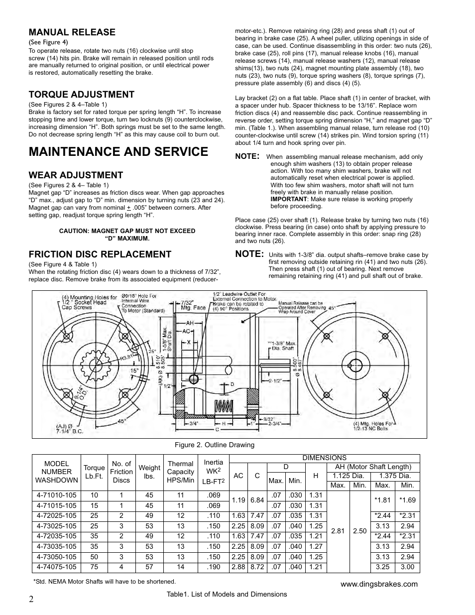 Maintenance and service, Manual release, Torque adjustment | Wear adjustment, Friction disc replacement | Dings Dynamics Group 70 Series Coupler NEMA 4X User Manual | Page 2 / 4