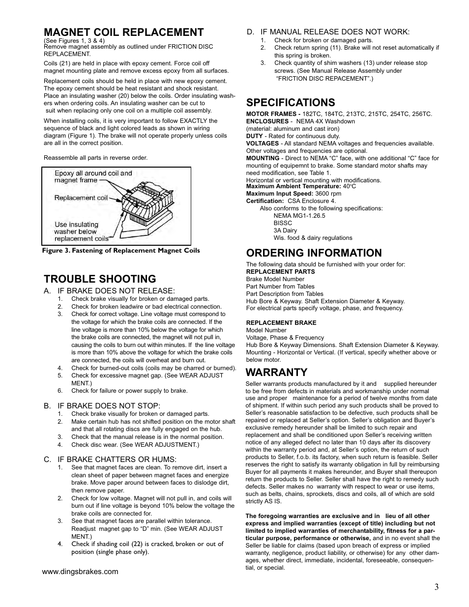 Magnet coil replacement, Trouble shooting, Specifications | Ordering information, Warranty | Dings Dynamics Group 70 Series Coupler NEMA 4X User Manual | Page 3 / 4