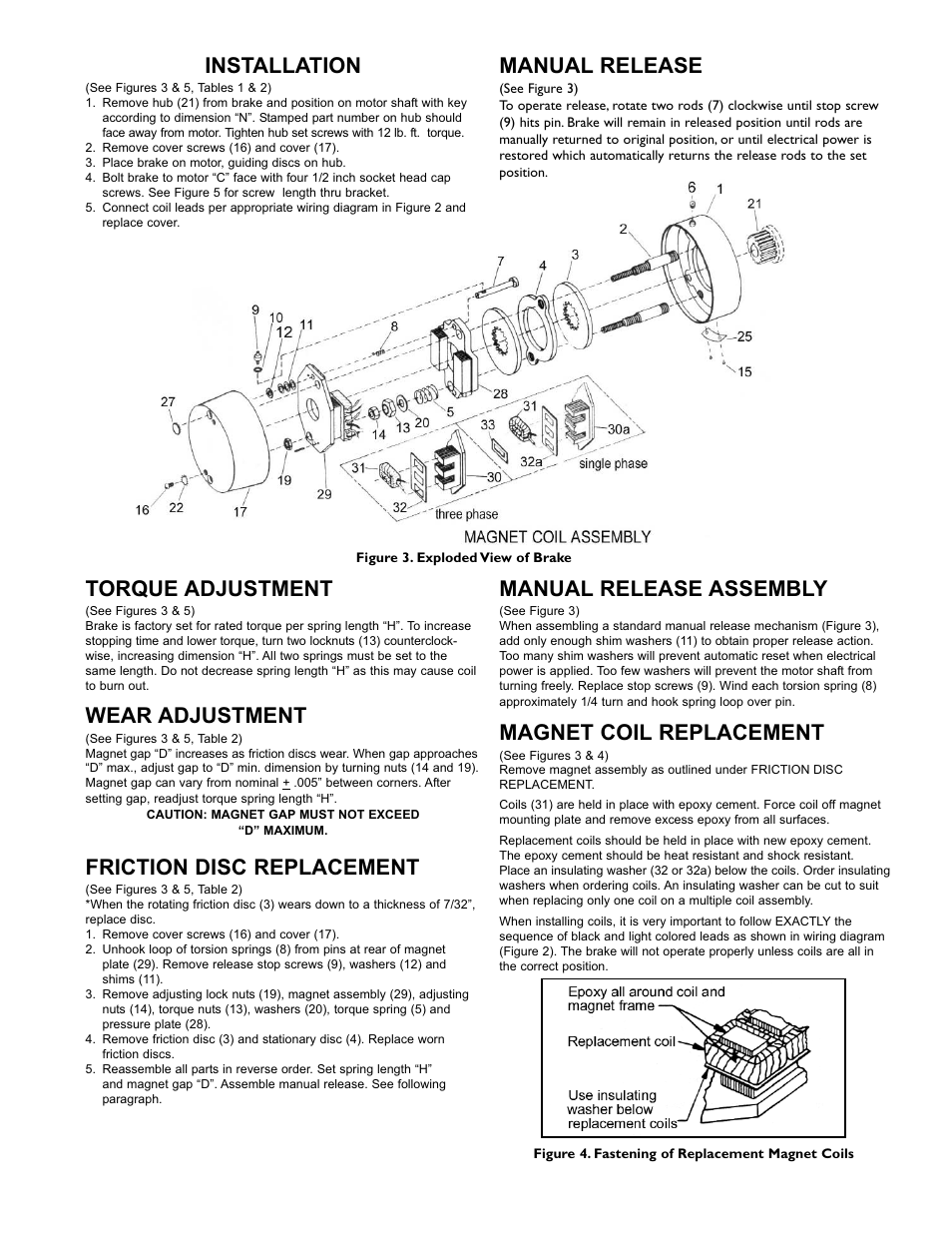 Installation, Manual release, Torque adjustment | Wear adjustment, Friction disc replacement, Manual release assembly, Magnet coil replacement | Dings Dynamics Group 80 Series End Mount NEMA 2 Standard User Manual | Page 2 / 4