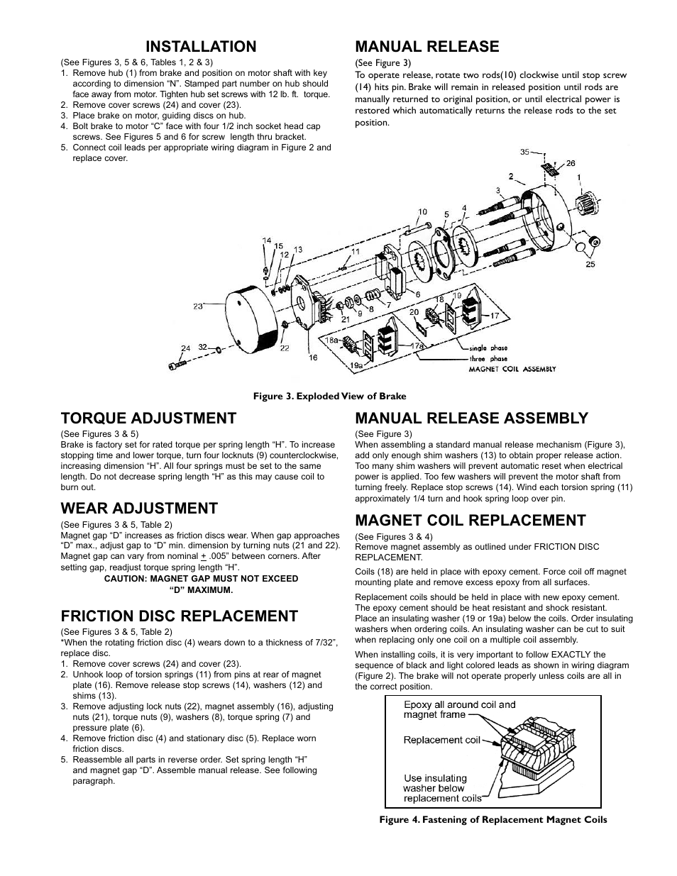 Installation, Manual release, Torque adjustment | Wear adjustment, Friction disc replacement, Manual release assembly, Magnet coil replacement | Dings Dynamics Group 80 Series End Mount NEMA 2 HEAVY DUTY User Manual | Page 2 / 4