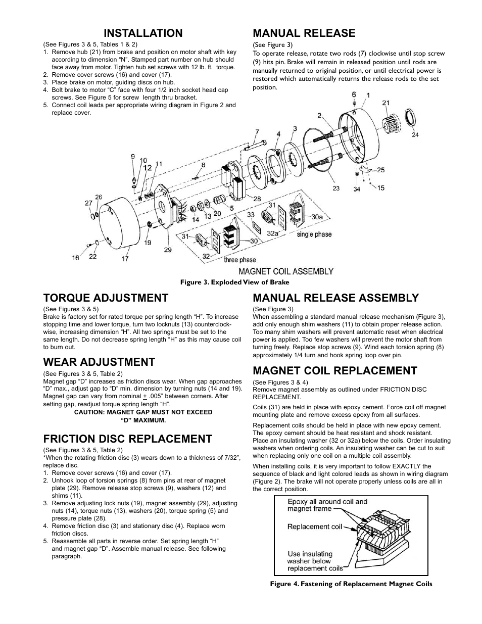 Installation, Manual release, Torque adjustment | Wear adjustment, Friction disc replacement, Manual release assembly, Magnet coil replacement | Dings Dynamics Group 80 Series End Mount NEMA 4 Standard User Manual | Page 2 / 4