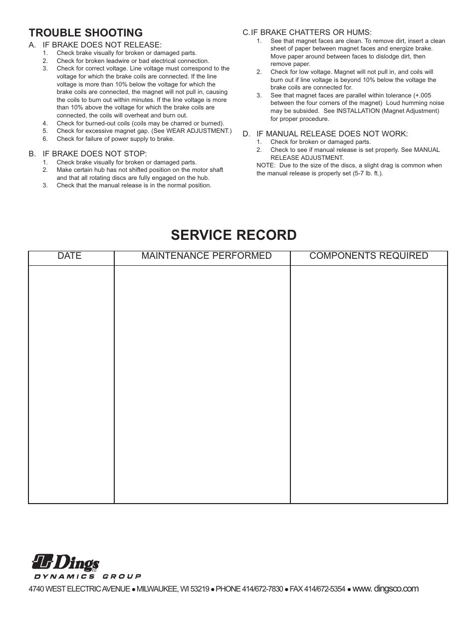 Troubleshooting, Service record, Trouble shooting | Dings Dynamics Group 90 Series End Mount - 450 lb-ft NEMA 4 User Manual | Page 8 / 8