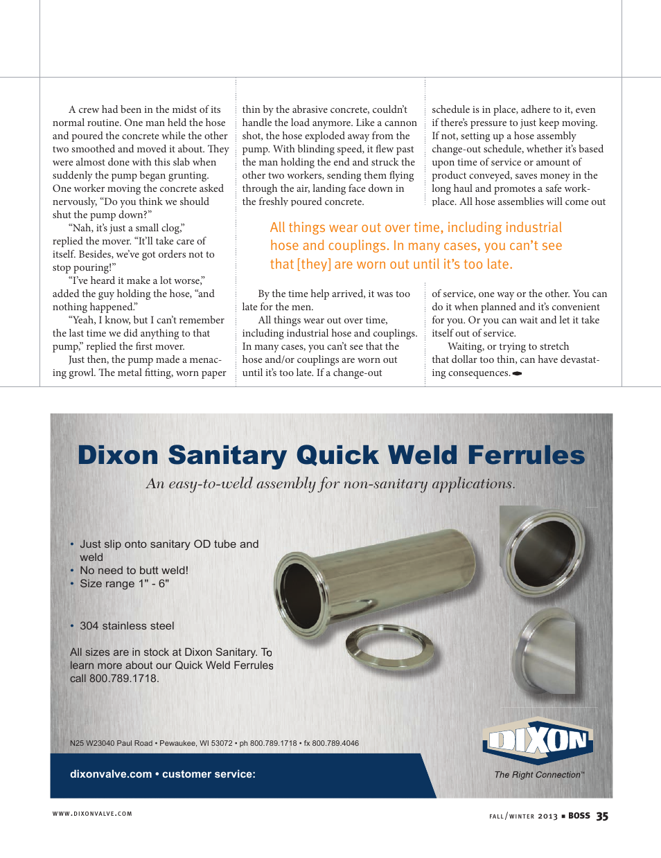 Dixon sanitary quick weld ferrules | Dixon Valve Newsletter:February:Search:Safety User Manual | Page 2 / 2