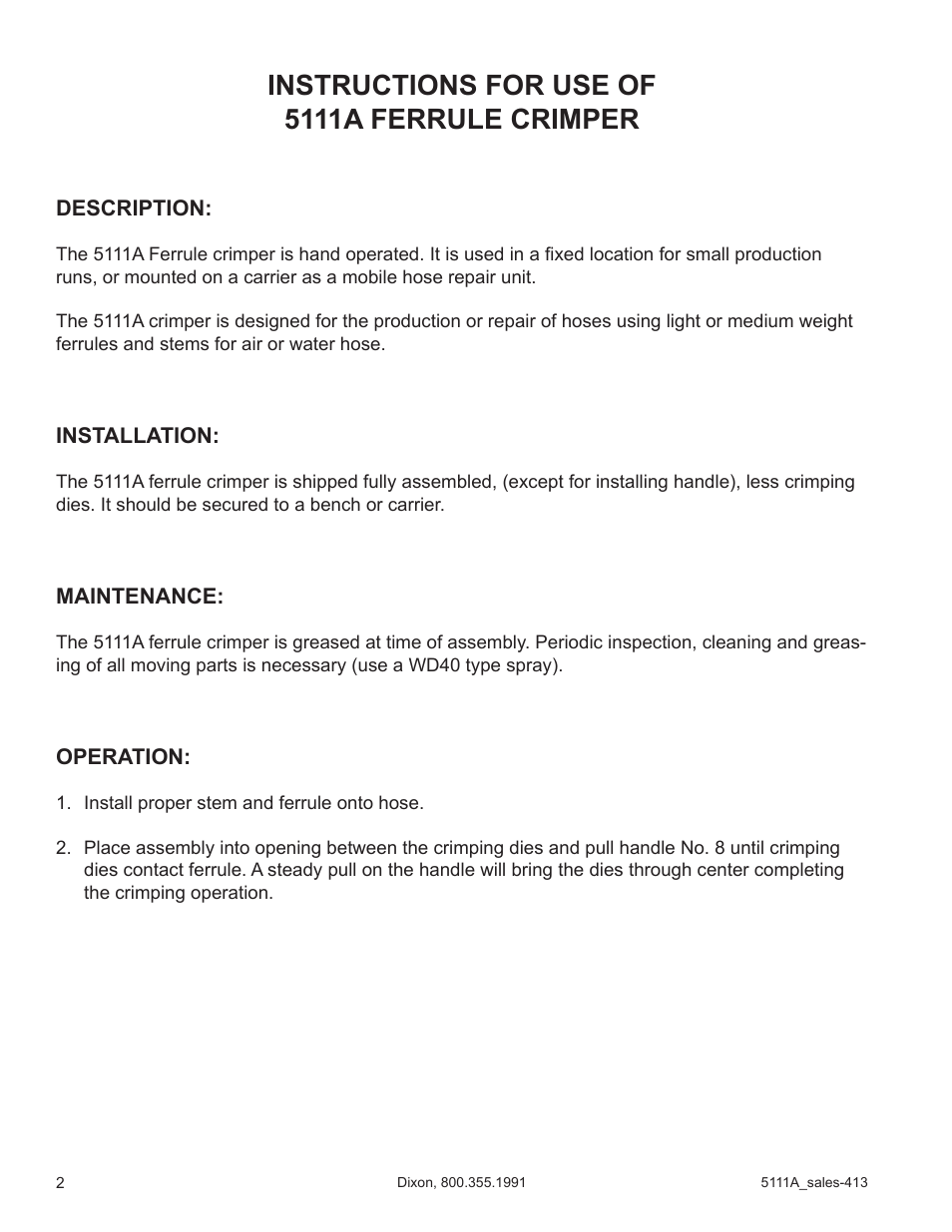 Instructions for use of 5111a ferrule crimper | Dixon Valve 5111A Brass Ferrule Crimper User Manual | Page 2 / 4