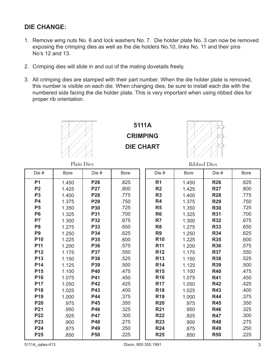 Die change, 5111a crimping die chart | Dixon Valve 5111A Brass Ferrule Crimper User Manual | Page 3 / 4