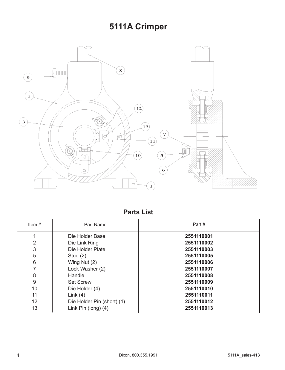 5111a crimper, Parts list | Dixon Valve 5111A Brass Ferrule Crimper User Manual | Page 4 / 4